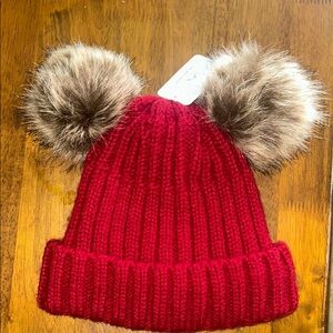Cozy Red Knit Hat with Faux Fur Pom Poms